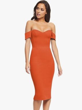 Dress the Population Off-Shoulder Bailey Midi Dress in Poppy